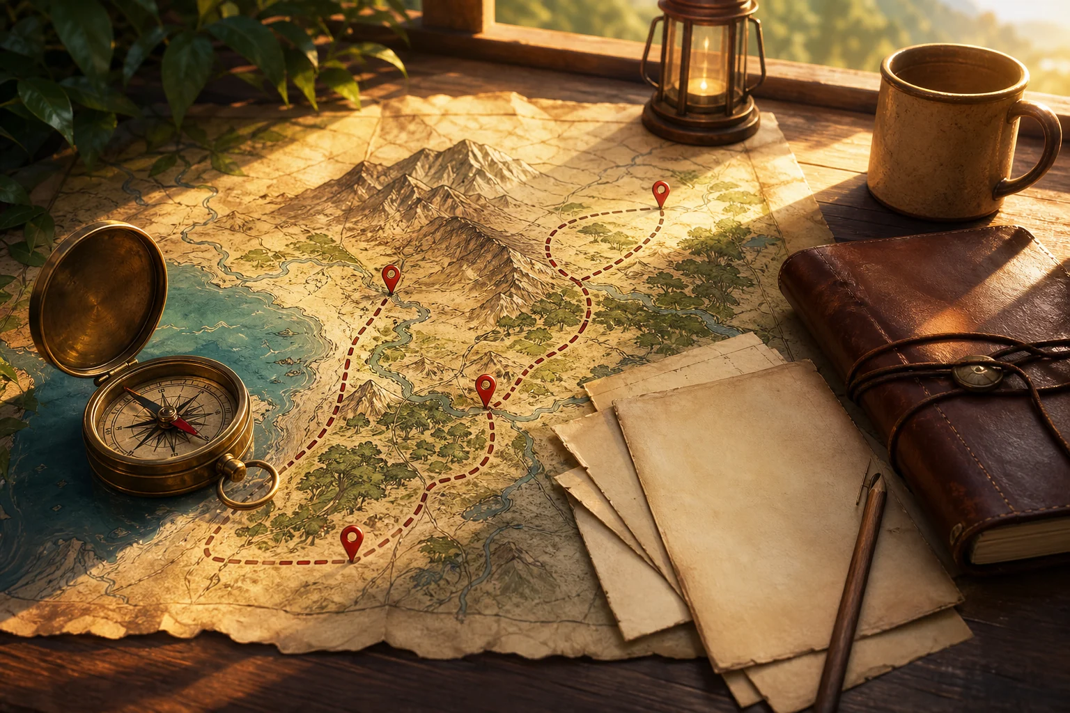 An original adventure map table with a compass, route markers, and blank notes.