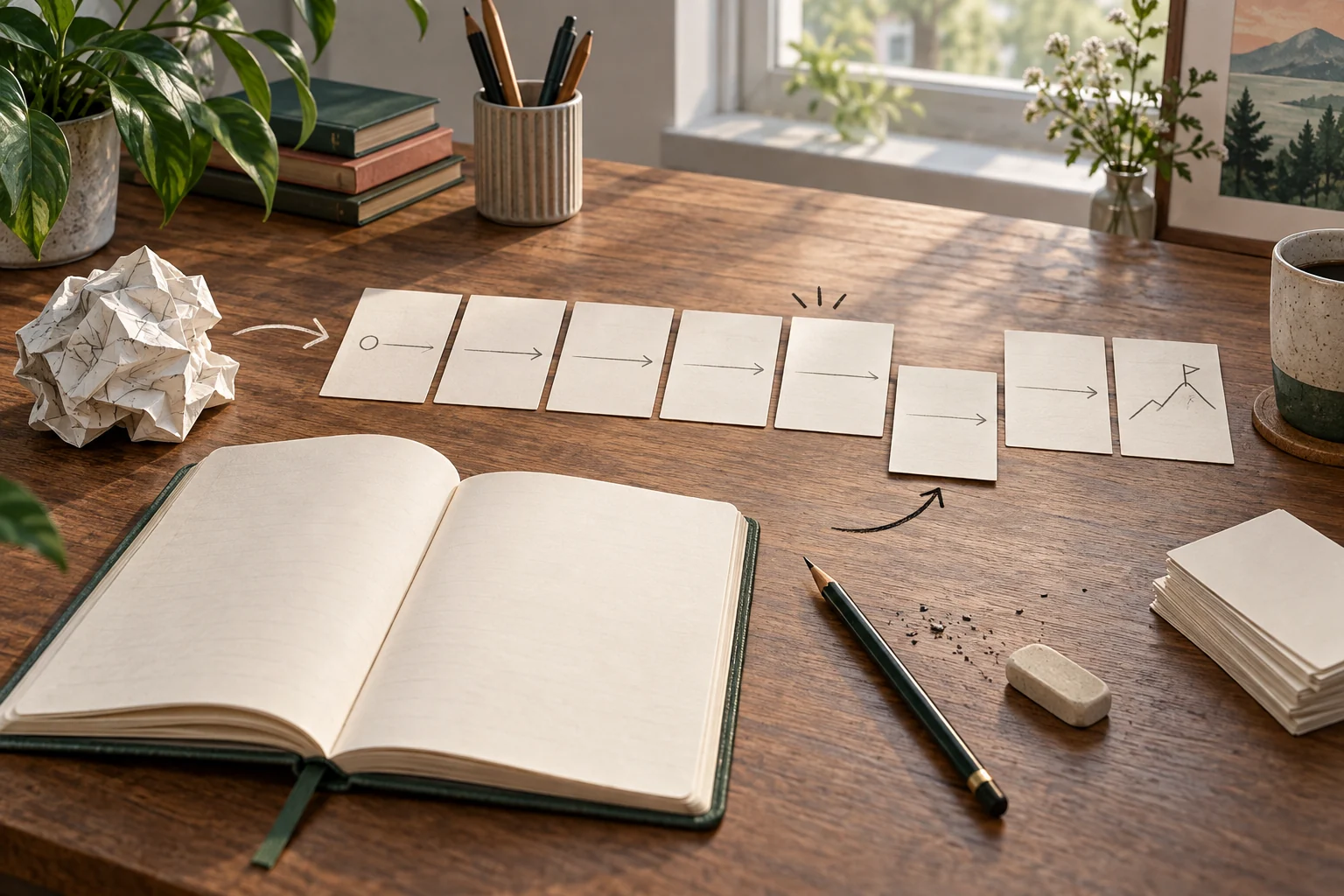 A writer's desk shows a rough page becoming an ordered sequence of blank scene cards and a revised turning point.