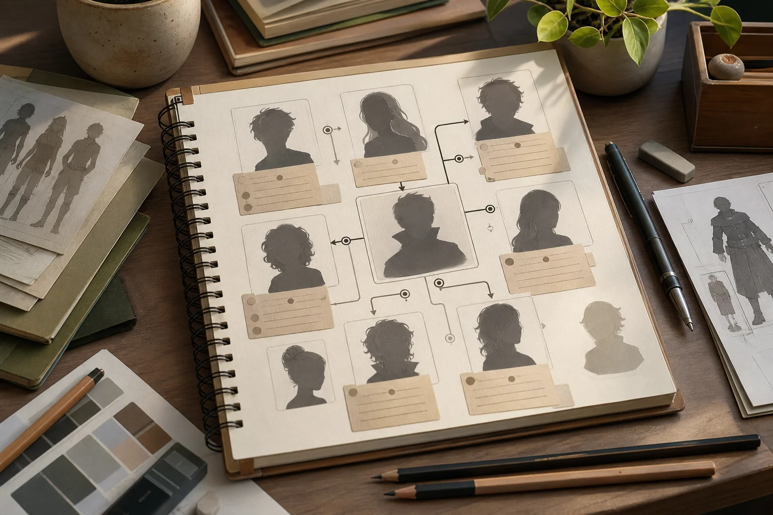 A character notebook with blank portraits, relationship lines, and role cards.