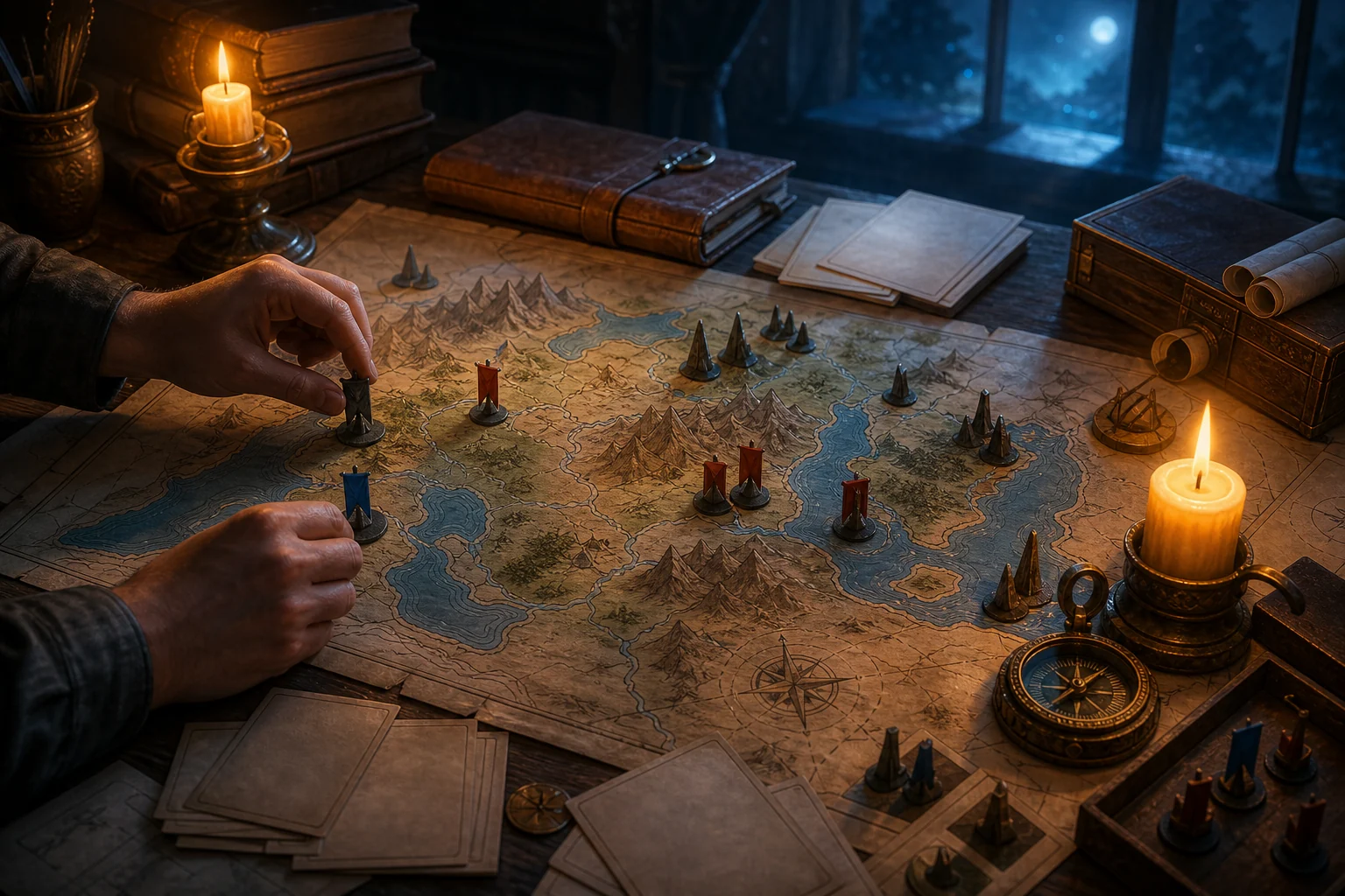 An original fantasy worktable with blank spell cards, a lantern, and a small glowing cost marker.
