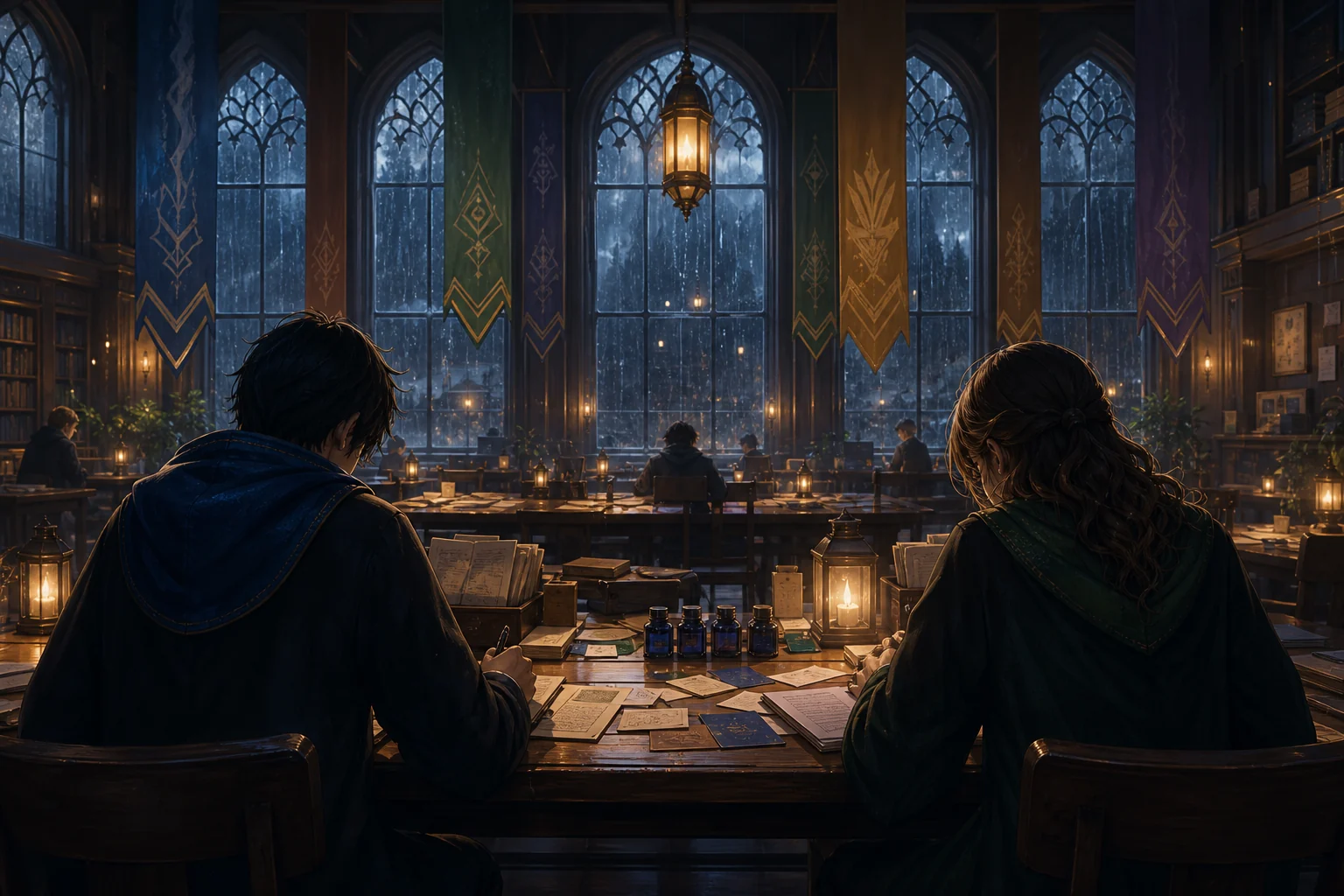 An original magical academy library with blank rule cards, lantern light, and no crests.