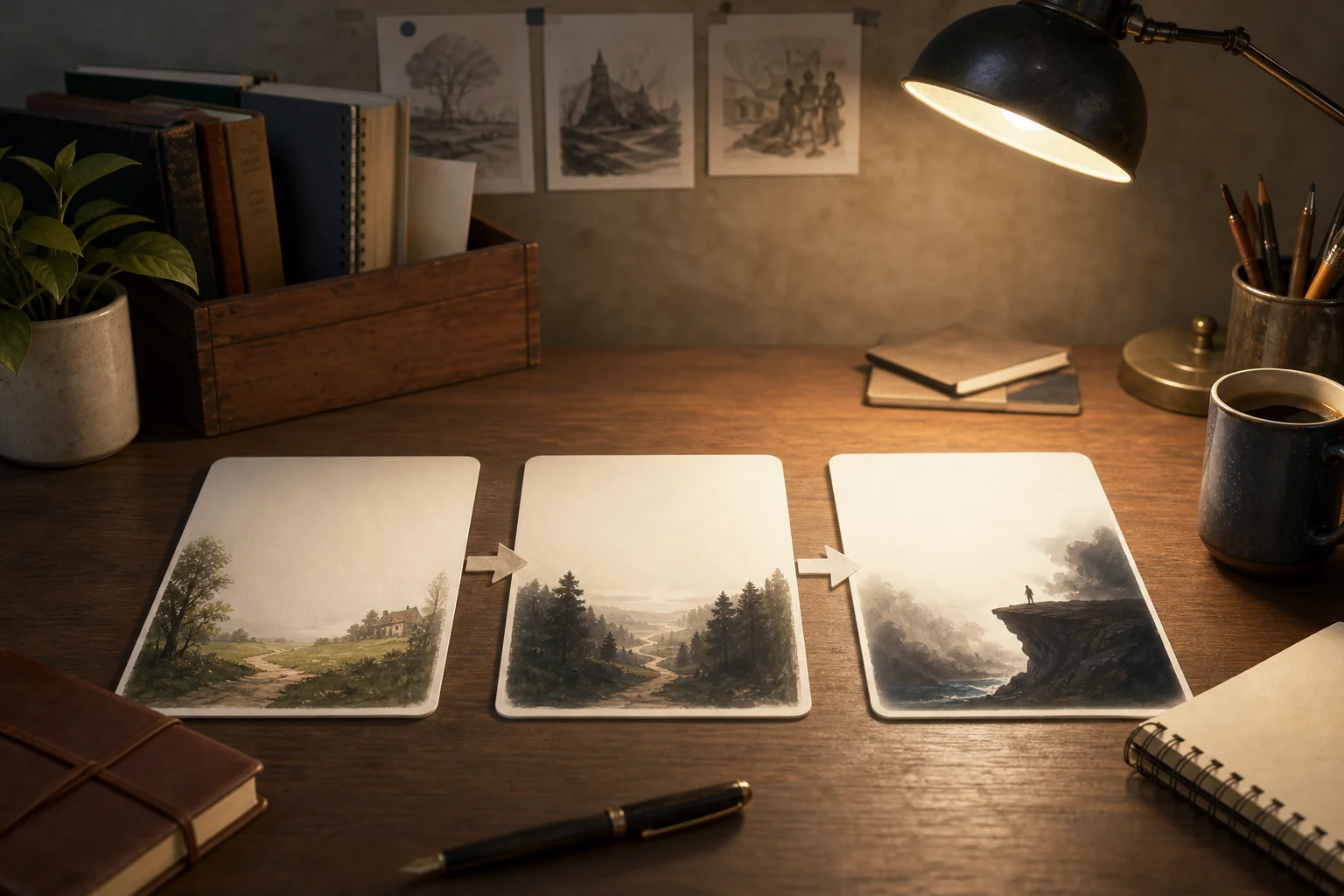 An original writing desk with blank scene cards arranged into a chapter arc.