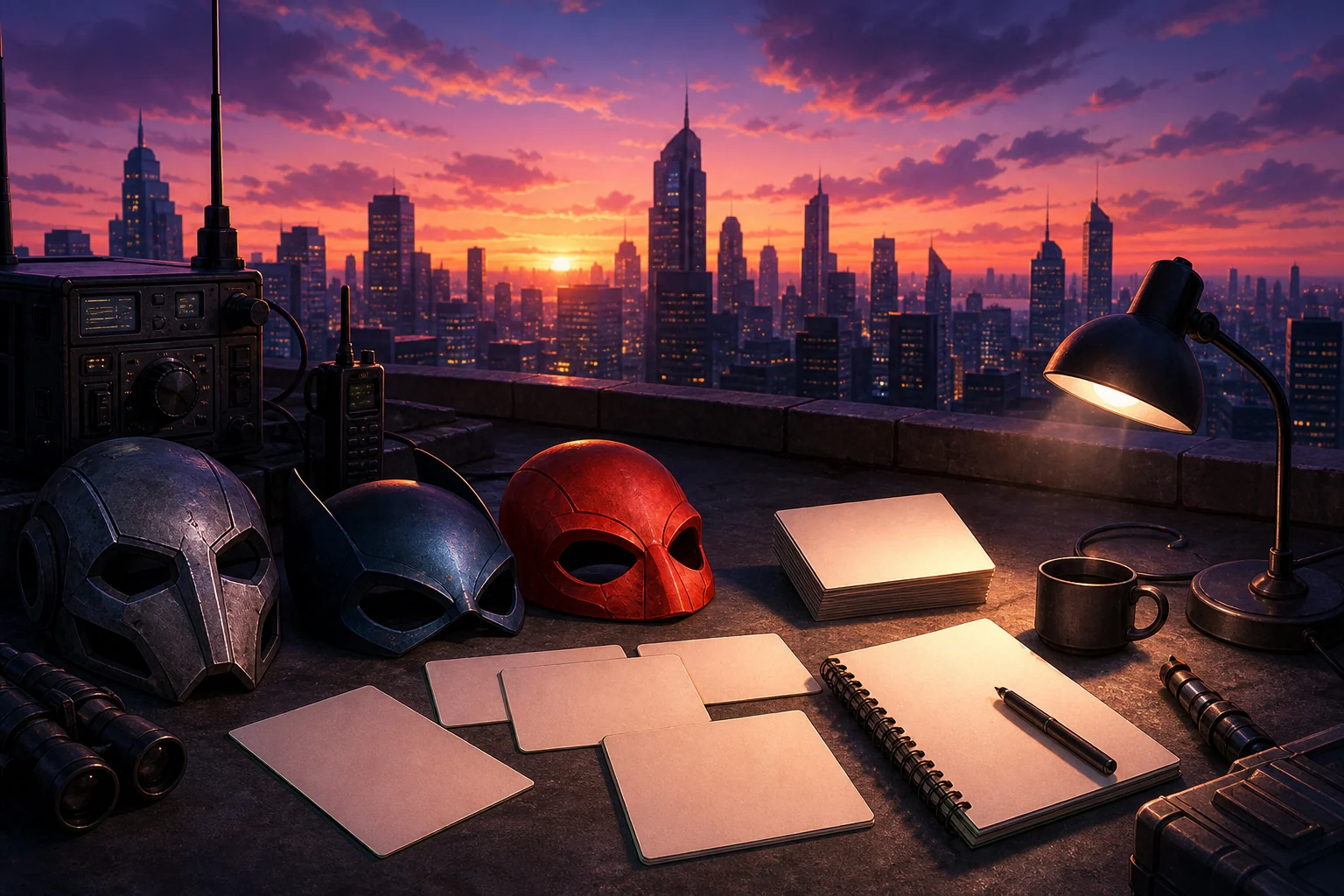 An original city rooftop with abstract hero masks and blank briefing cards.