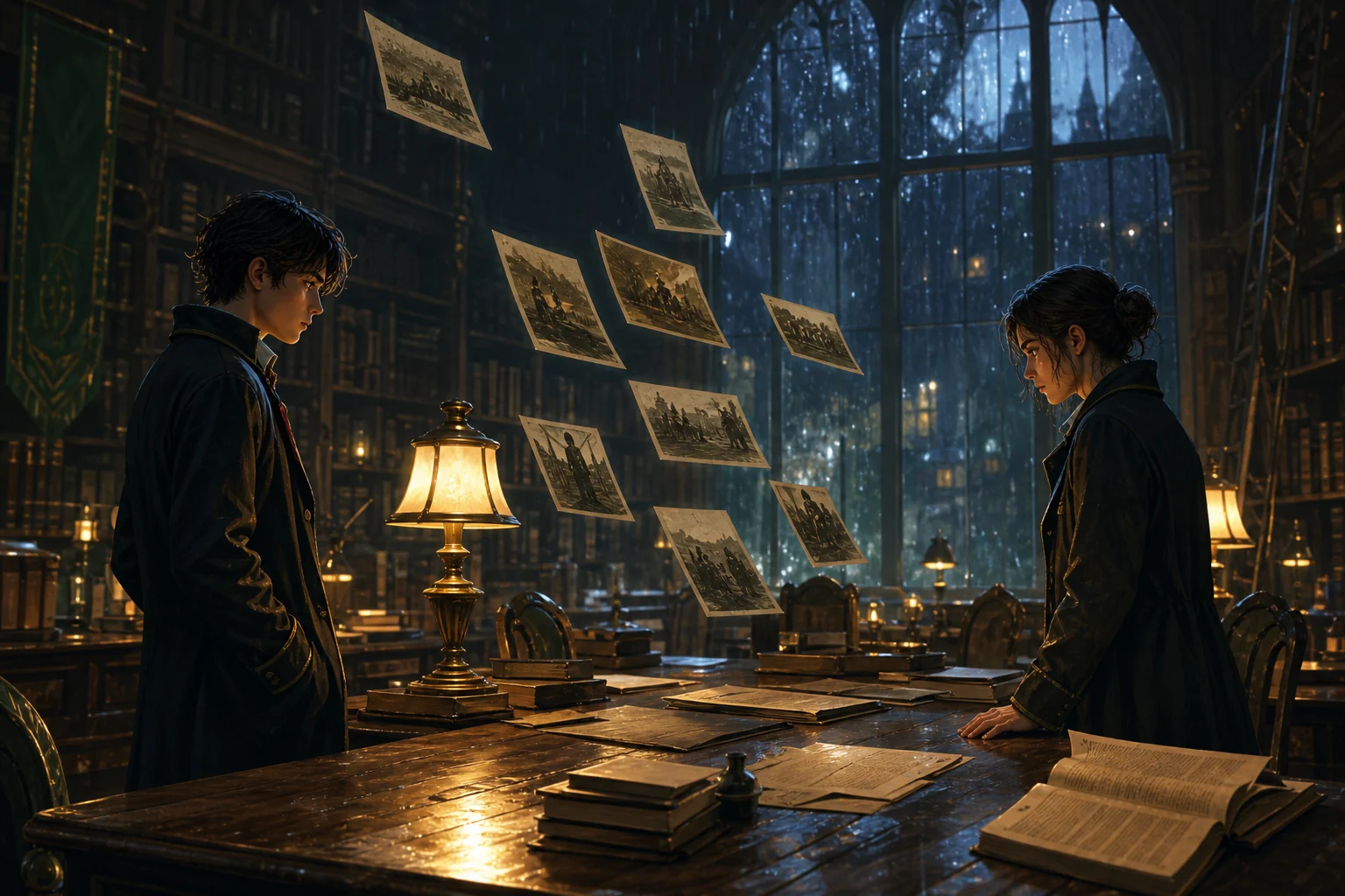 Two unnamed students face each other across a rain-lit academy library table while unlabeled story cards float between them.